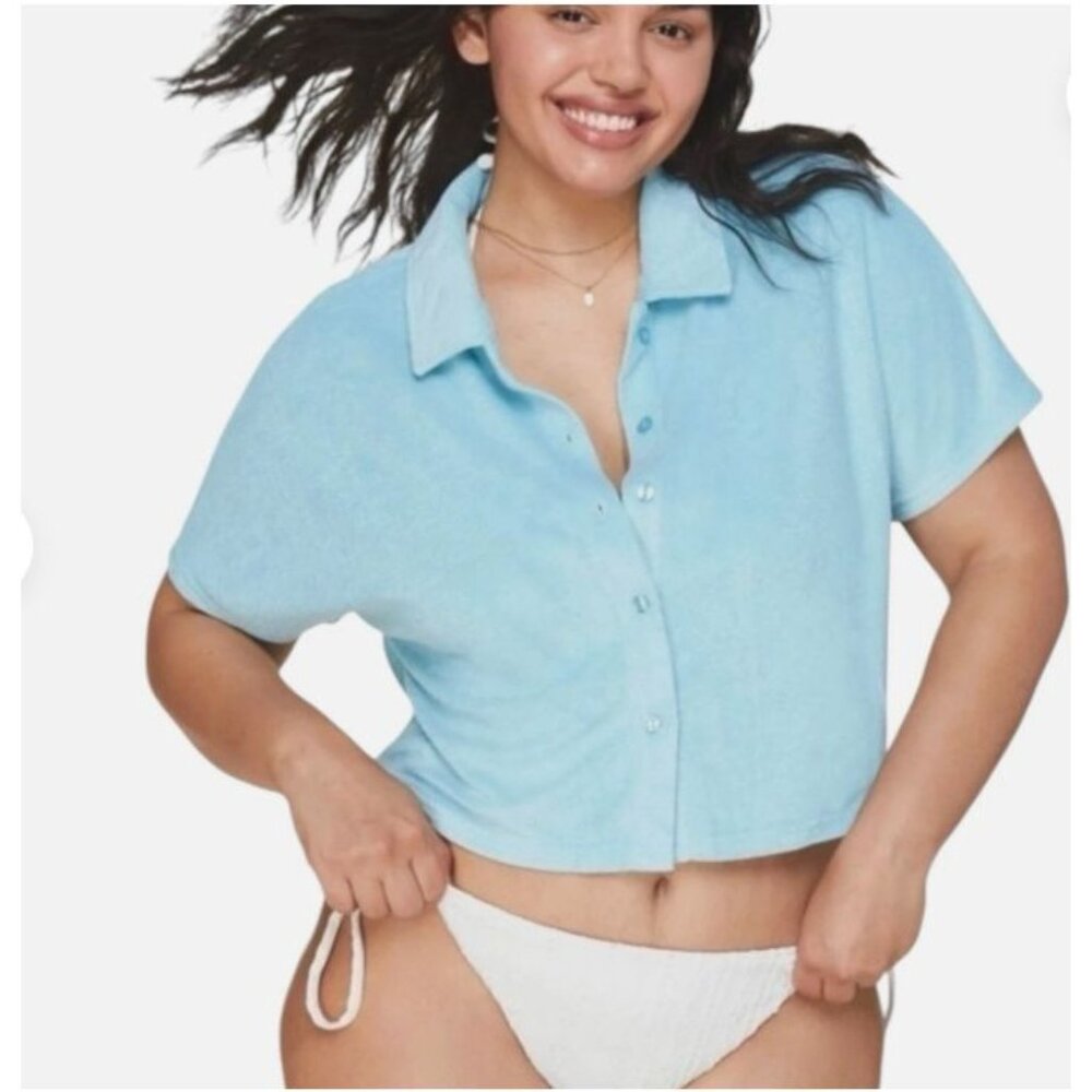 NEW Andie Swim Cropped Button Up Lime Green Terry‎ Cover Up Women's Size Medium